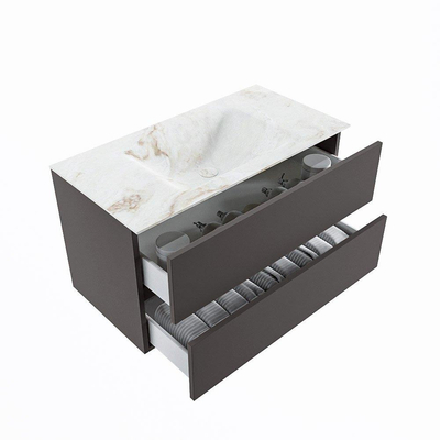 MONDIAZ VICA-DLUX Badkamermeubelset - 90cm - onderkast dark grey - 2 lades - inbouw wastafel cloud midden - zonder kraangaten - 60cm hoge versie - frape