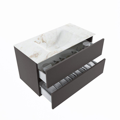 Mondiaz VICA-DLUX Ensemble de meuble de salle de bain - 90cm - meuble sous-vasque gris foncé - 2 tiroirs - lavabo encastré nuage milieu - sans trous de robinet - version haute de 60cm - frape