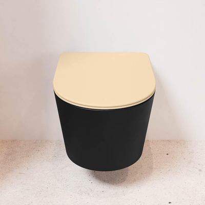 Mondiaz LAVIE WC suspendu – sans bride – 36 x 53 cm – avec abattant softclose – Urban (noir), abattant Sand (beige)