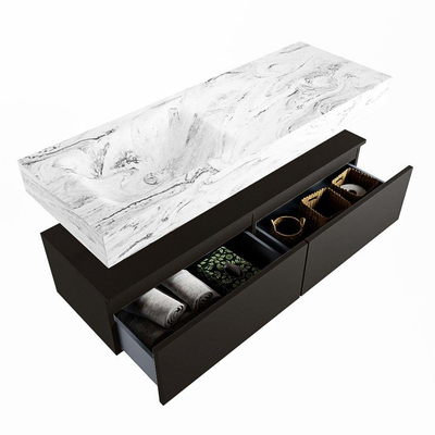Mondiaz ALAN-DLUX Ensemble de meuble - 130cm - meuble Urban mat - 2 tiroirs - Lavabo Cloud Glace suspendu - vasque Gauche - 0 trous de robinet