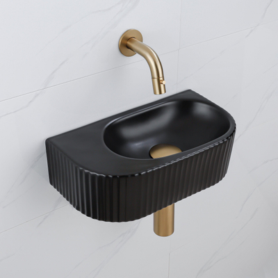 QeramiQ Fuente Ensemble de Lavabo - 40x21.5x12cm - strié - demi-rond - céramique - ensemble de robinet en laiton brossé - bouchon de vidange - siphon réduit - noir mat