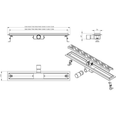 Sub Drain Floor douchegoot met zijuitlaat en standaard rooster 70 cm, geborsteld RVS - RE60DF0700FMFD40 - OUTLET UDEN