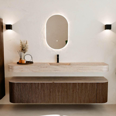 MONDIAZ THOR-DLUX 190cm meuble de salle de bains arrondi gauche + droite couleur Walnut avec 2 tiroirs et 2 portes. Vasque suspendue CLOUD Milieu 1 trou de robinet couleur Saba.