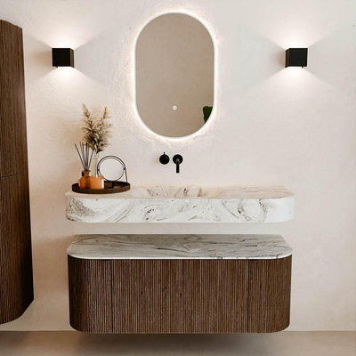 MONDIAZ THOR-DLUX 120cm badmeubel ronding links + rechts kleur Walnut met 1 lade en 2 deuren. Vrijhangende wastafel CLOUD Midden zonder kraangat kleur Glace.