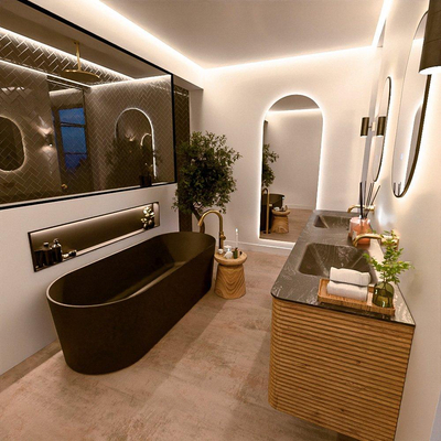 Mondiaz CIRO-DLUX Meuble de salle de bains - 190x45x50cm - lavabo solid surface Lava - 2 vasques double - sans trous de robinet - 4 tiroirs - Chêne