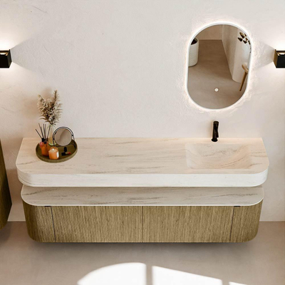 MONDIAZ THOR-DLUX Meuble de salle de bains - 190cm - arrondi gauche + droite - couleur Dusk - 2 tiroirs et 2 portes - Vasque suspendue CLOUD Droite 1 trou de robinet - couleur Meli