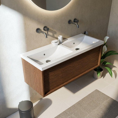 Saniclass Holz Frame Ensemble de meubles de salle de bains - 120x45x43.5cm - Bari lavabo en céramique blanc - 2 vasques - sans trous de robinetterie - 1 tiroir - mat walnut pure (bois)
