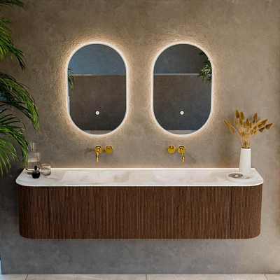 MONDIAZ KURVE-DLUX 180cm badmeubel met module 25 Len R kleur Walnut met 2 lades en 2 deuren. Wastafel LEAF dubbel zonder kraangat kleur Frappe.