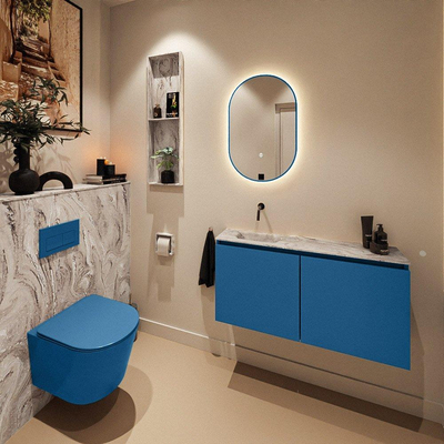 MONDIAZ TURE-DLUX Meuble WC 100 cm Jeans. Lavabo EDEN Glace position gauche. Sans trou de robinet.