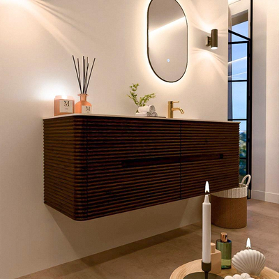 Mondiaz CIRO-DLUX Badkamermeubelset - 140x45x50cm - Solid surface wastafel Meli - 1 wasbak Rechts - 1 kraangat - 4 lades - Walnut