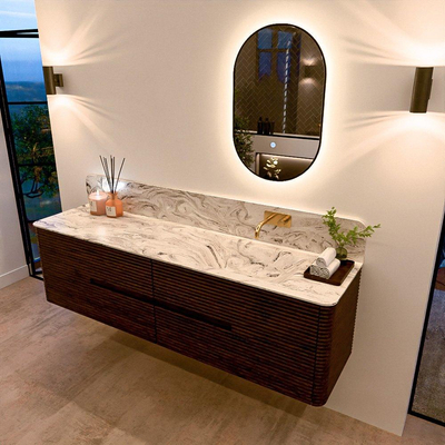 Mondiaz CIRO-DLUX Meuble de salle de bains - 180x45x50cm - plan vasque solid surface Glace - 1 vasque à droite - sans trous de robinetterie - 4 tiroirs - Noyer