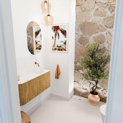 Mondiaz JOYA 91.6cm toiletmeubel - ronding links kleur Oak - Wastafel FAYE positie Rechts Zonder kraangat kleur Talc.