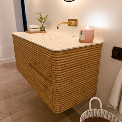 Mondiaz CIRO-DLUX Meuble de salle de bains - 110x45x50cm - Plan vasque solid surface Ostra - 1 vasque à droite - sans trous de robinet - 2 tiroirs - Chêne