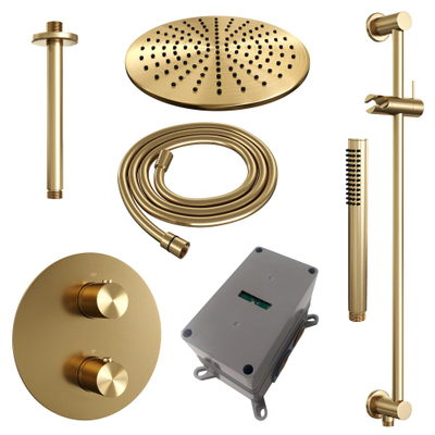 BRAUER Gold Edition douche de pluie encastrée thermostatique - 3 voies - ronde - set 90 - pomme de douche 30cm - bras de plafond - douchette barre - flexible de douche - barre de douche intégrée - laiton brossé PVD