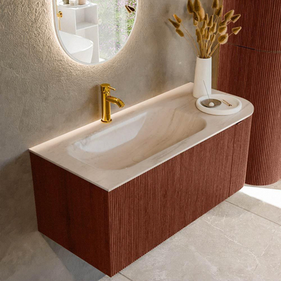 MONDIAZ KURVE-DLUX Meuble de salle de bains 105cm arrondi à droite couleur Ruby avec 1 tiroir et 1 porte. Lavabo BIG SMALL gauche 1 trou de robinet Meli.