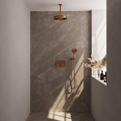 BRAUER Stripe Thermostatische Inbouw Regendouche - drukknoppen - SET 30 - 25cm douchekop - plafondarm - 3-standen handdouche - doucheslang - wandaansluitbocht - koper geborsteld PVD