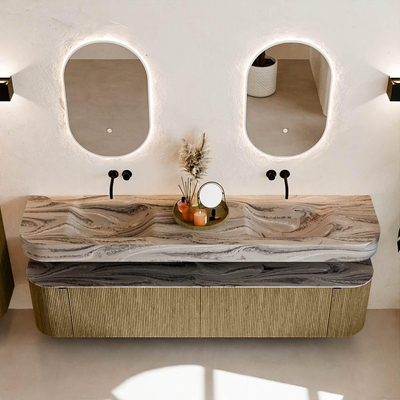 MONDIAZ THOR-DLUX 200cm meuble de salle de bains arrondi gauche + droite couleur Dusk avec 2 tiroirs et 2 portes. Vasque suspendue CLOUD Double sans trou de robinet couleur Sombra.