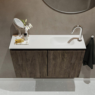 MONDIAZ TURE Kit lave-mains - 80x23x50cm - 1 trou de robinet - 2 portes - marron foncé mat - Lavabo à droite - Solid Surface Blanc