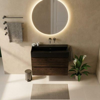 Saniclass Holz Pure Badkamermeubelset - 100x45x72cm - Legend keramische wastafel mat zwart - 1 wasbak - zonder kraangat - 2 lades - mat eiken charcoal (hout)