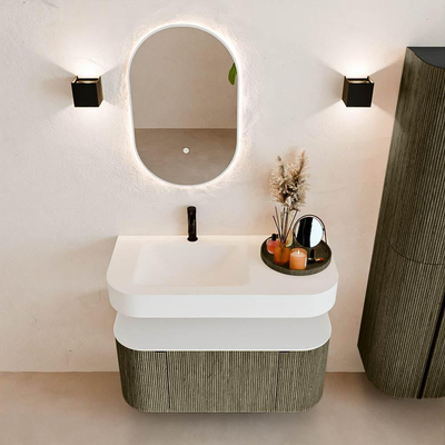 MONDIAZ THOR 100cm meuble de salle de bains arrondi gauche + droite couleur Shadow avec 1 tiroir et 2 portes. Vasque suspendue CLOUD gauche 1 trou de robinet couleur Talc.