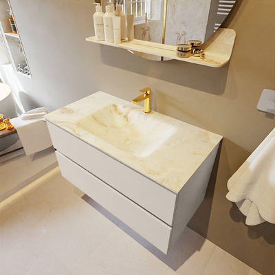 MONDIAZ VICA-DLUX Ensemble meuble de salle de bains - 90cm - sous-élément Linen - 2 tiroirs - lavabo encastré Cloud au milieu - 1 trou de robinet - version haute 60cm - Frappe