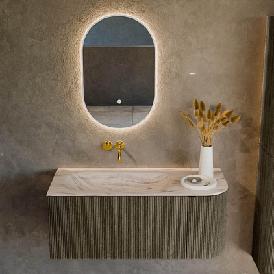 MONDIAZ KURVE-DLUX Meuble de salle de bains 105cm arrondi à droite couleur Shadow avec 1 tiroir et 1 porte. Lavabo BIG SMALL à gauche sans trou de robinet Nata.