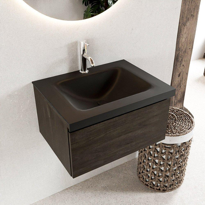 Mondiaz BUKLA Ensemble de meuble - 60x45x34cm - 1 trou de robinet - lavabo centré - solid surface - Urban - sans poignée - 1 tiroir - Mélamine - Marron foncé