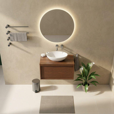 Saniclass Holz Frame Ensemble de meubles de salle de bains - 80x45x43cm - Plan en pierre naturelle travertin - sans trou de robinet - 1 tiroir - noyer pur mat (bois)