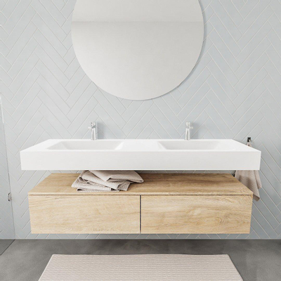 MONDIAZ ALAN 150cm - meuble sous-vasque - chêne blanchi - 2 tiroirs - lavabo suspendu - 2 bassins - 2 trous de robinet - talc