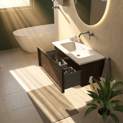 Saniclass Holz Frame Ensemble de meubles de salle de bains - 100x45x57.5cm - lavabo Torino en solid surface blanc - sans trou de robinetterie - 1 tiroir - chêne charcoal mat (bois)
