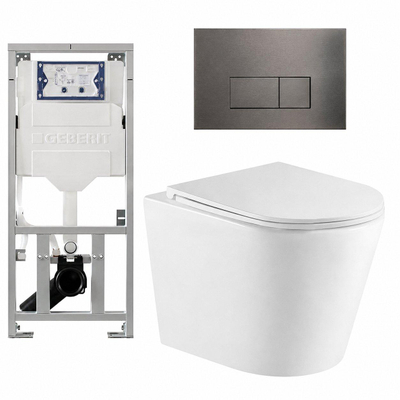 QeramiQ Dely Toiletset - 36.3x51.7cm - diepspoel - rimless - Geberit UP320 inbouwreservoir - met Burda frame - softclose toiletzitting - gunmetal bedieningsplaat - rechtehoekige knoppen - mat wit