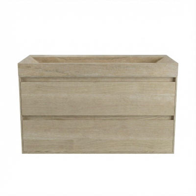 Forzalaqua Ibiza Ensemble meuble de salle de bains - 120x50x70cm - 2 tiroirs - lavabo en travertin - sans trou de robinet - jeu de supports - bouchen de vidage - Smoke