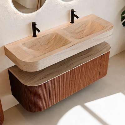 MONDIAZ THOR-DLUX Meuble de salle de bains 130cm arrondi gauche + droite couleur Ruby avec 1 tiroir et 2 portes. Vasque suspendue CLOUD Double 2 trous de robinet couleur Saba.