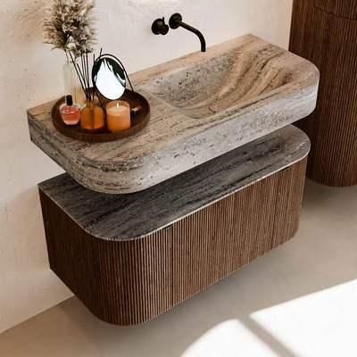 MONDIAZ THOR-DLUX 100cm badmeubel ronding links + rechts kleur Walnut met 1 lade en 2 deuren. Vrijhangende wastafel CLOUD Rechts zonder kraangat kleur Oza.