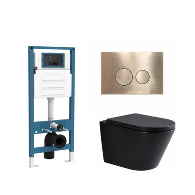 QeramiQ Dely Ensemble de toilettes - réservoir encastré QeramiQ Flush - abattant 35mm - plaque de commande en métal laiton brossé - boutons ronds - noir mat
