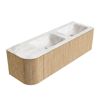 MONDIAZ KURVE-DLUX 145cm Meuble salle de bain avec module 25 G - couleur Oak - 1 tiroir - 1 porte - vasque LEAF double / droite - 2 trous de robinet - couleur Frappe