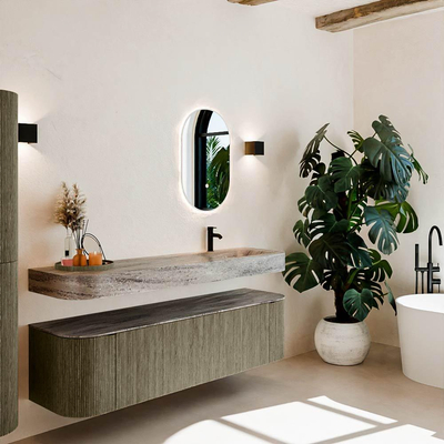 MONDIAZ THOR-DLUX Meuble de salle de bains 170cm arrondi gauche + droite couleur Shadow avec 1 tiroir et 2 portes. Vasque suspendue CLOUD Droite 1 trou de robinet couleur Oza.