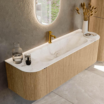 MONDIAZ KURVE-DLUX meuble de salle de bains 150 cm avec module 25 Len R couleur chêne avec 1 tiroir et 2 portes. Lavabo BIG MEDIUM centré 1 trou de robinet couleur Frappe.