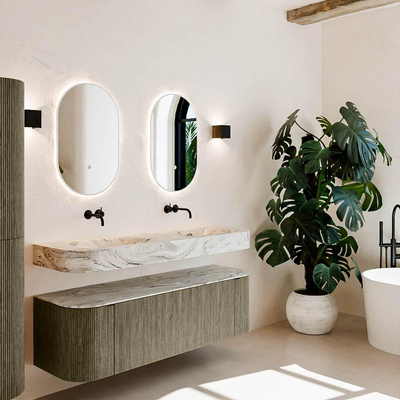 MONDIAZ THOR-DLUX 150cm meuble de salle de bains arrondi gauche + droite couleur Shadow avec 1 tiroir et 2 portes. Vasque suspendue CLOUD Double sans trou de robinet couleur Glace.