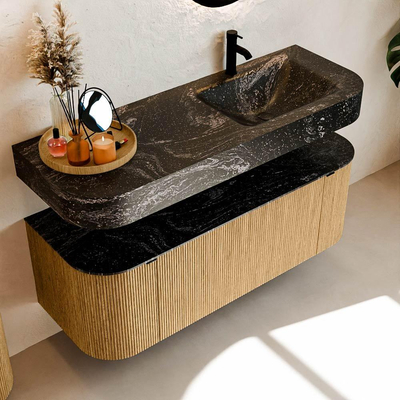 MONDIAZ THOR-DLUX 130cm meuble de salle de bains arrondi gauche + droite couleur Oak avec 1 tiroir et 2 portes. Vasque suspendue CLOUD droite 1 trou de robinet couleur Lava.