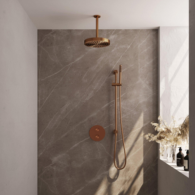 BRAUER Stripe Thermostatische Inbouw Regendouche - 3-weg - rond - SET 45 - 25cm douchekop - plafondarm - staaf handdouche - doucheslang - geïntegreerde glijstang - koper geborsteld PVD