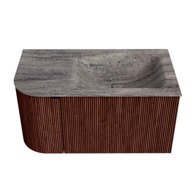 MONDIAZ KURVE-DLUX Meuble de salle de bains 85cm arrondi à gauche couleur Ruby avec 1 tiroir et 1 porte. Lavabo CLOUD à droite sans trou de robinet Oza.