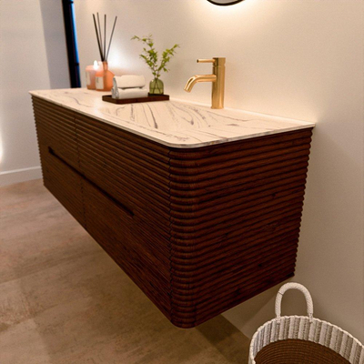 Mondiaz CIRO-DLUX Ensemble de meubles de salle de bains - 140x45x50cm - Plan vasque en solid surface Nata - 1 lavabo à droite - 1 trou de robinet - 4 tiroirs - Ruby