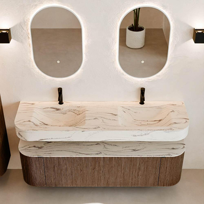 MONDIAZ THOR-DLUX 160cm badmeubel ronding links + rechts kleur Walnut met 1 lade en 2 deuren. Vrijhangende wastafel CLOUD Dubbel 2 kraangaten kleur Nata.