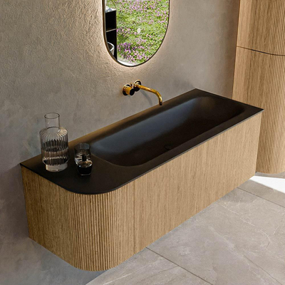 MONDIAZ KURVE 125cm Meuble salle de bain avec module 25 G - couleur Oak - 1 tiroir - 1 porte - vasque BIG MEDIUM droite - sans trous de robinet - Urban