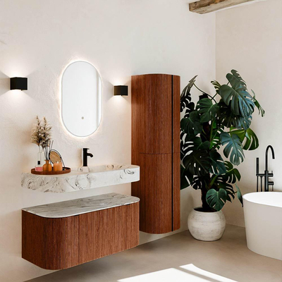 MONDIAZ THOR-DLUX 100cm meuble de salle de bains arrondi gauche + droite couleur Ruby avec 1 tiroir et 2 portes. Vasque suspendue CLOUD Droite 1 trou de robinet couleur Glace.