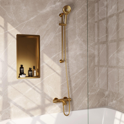 Brauer Gold Carving Robinet baignoire thermostatique avec barre de douche et douchette ronde 3 jets Or brossé PVD