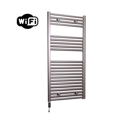 Sanicare HVW Elektrische Radiator - 111.8x45cm - 596W - wifi - thermostaat - zwart - linksonder - inox look (zilver)