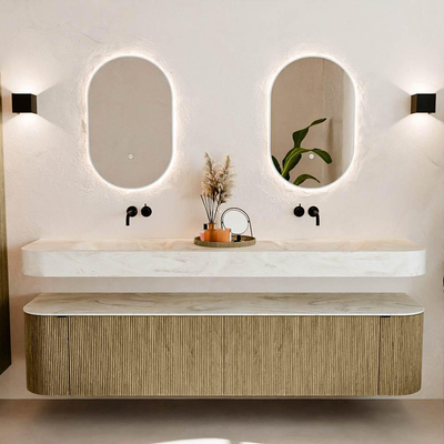 MONDIAZ THOR-DLUX 200cm meuble de salle de bains arrondi gauche + droite couleur Dusk avec 2 tiroirs et 2 portes. Vasque suspendue CLOUD Double sans trou de robinet couleur Ostra.