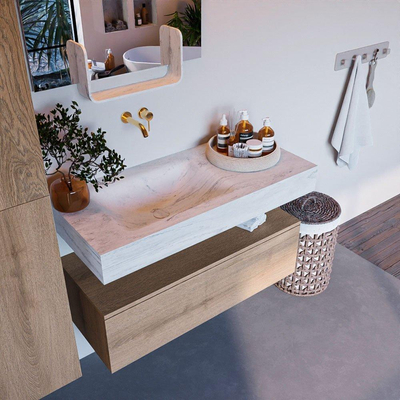 Mondiaz ALAN-DLUX Ensemble de meuble - 100cm - meuble Washed Oak mat - 1 tiroir - Lavabo Cloud Opalo suspendu - vasque Gauche - 0 trous de robinet